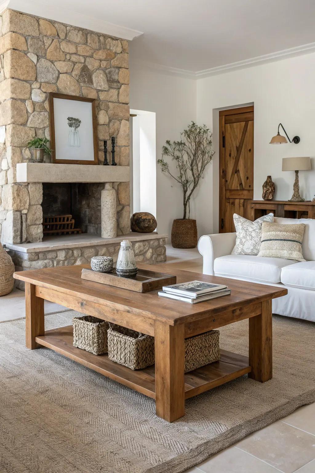 A gorgeously grounded living area featuring natural timber and rock parts.