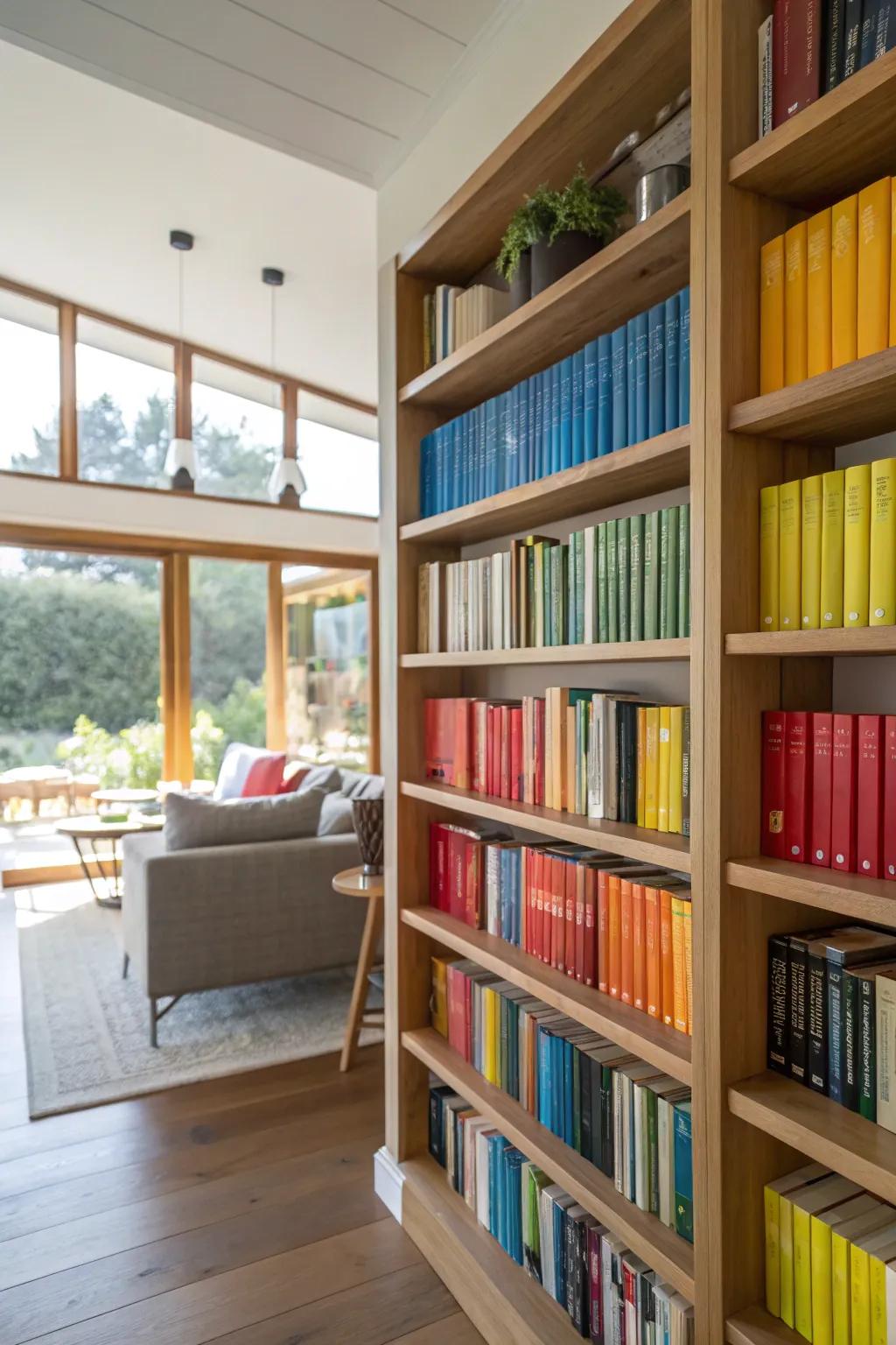 Books arranged by color create a visually striking display