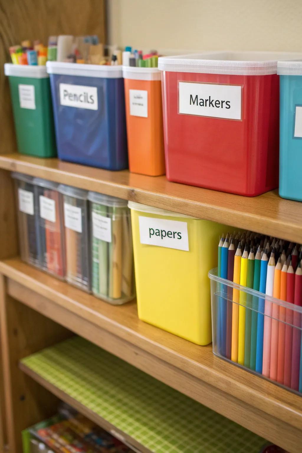 Color-coded containers introduce both flair and neatness to your school items.