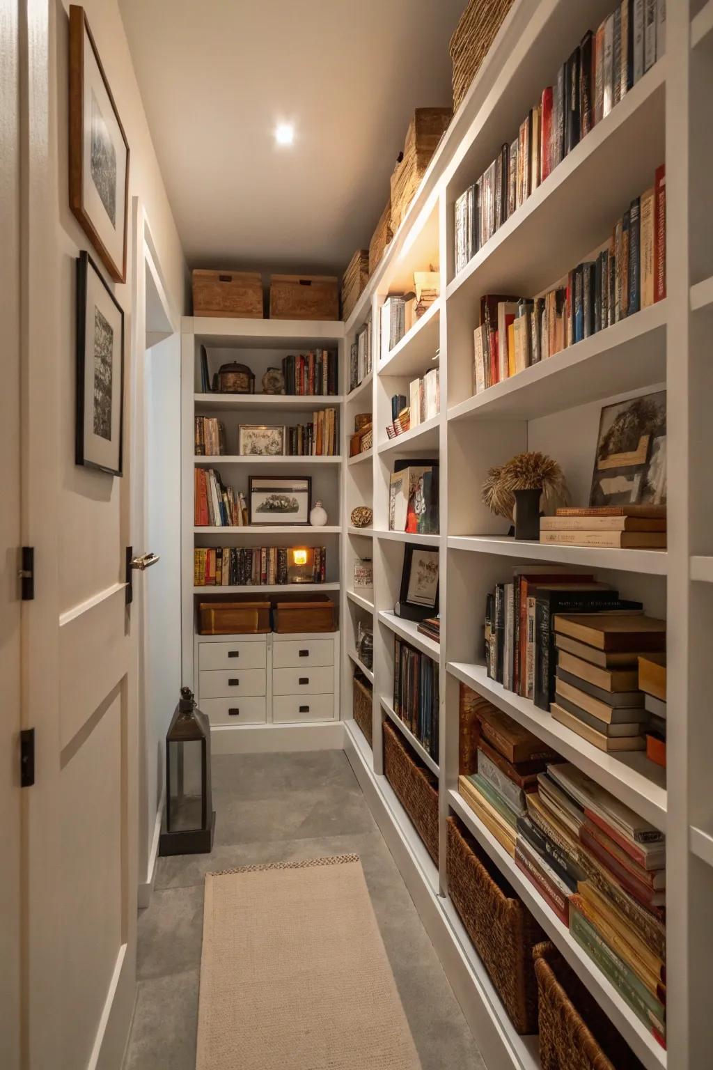 With vertical shelves, this small room looks both neat and stylish.