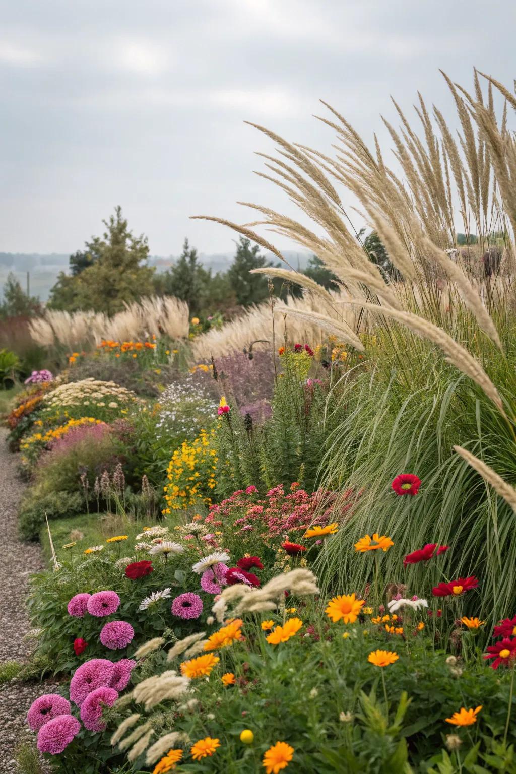 Ornamental grasses create a dynamic backdrop for vibrant blooms.