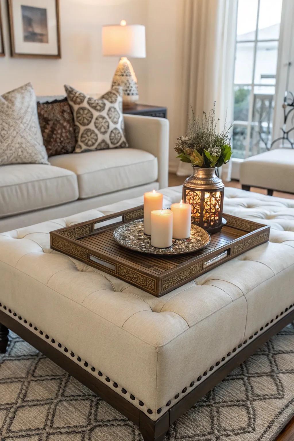 An ottoman elegantly styled as a coffee table with decorative accents.