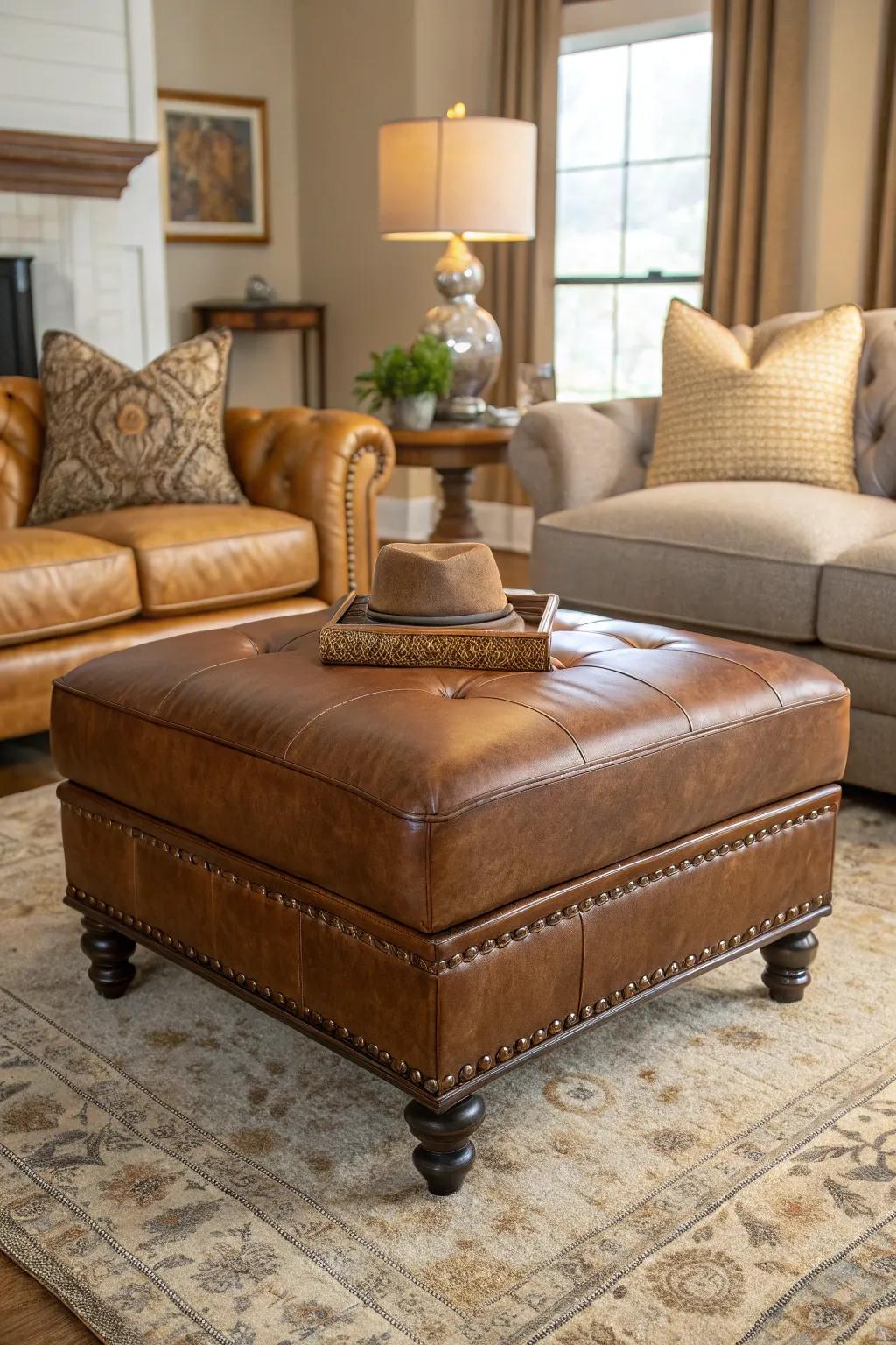 A traditional leather ottoman enriches a living room with its cozy and sophisticated vibe.