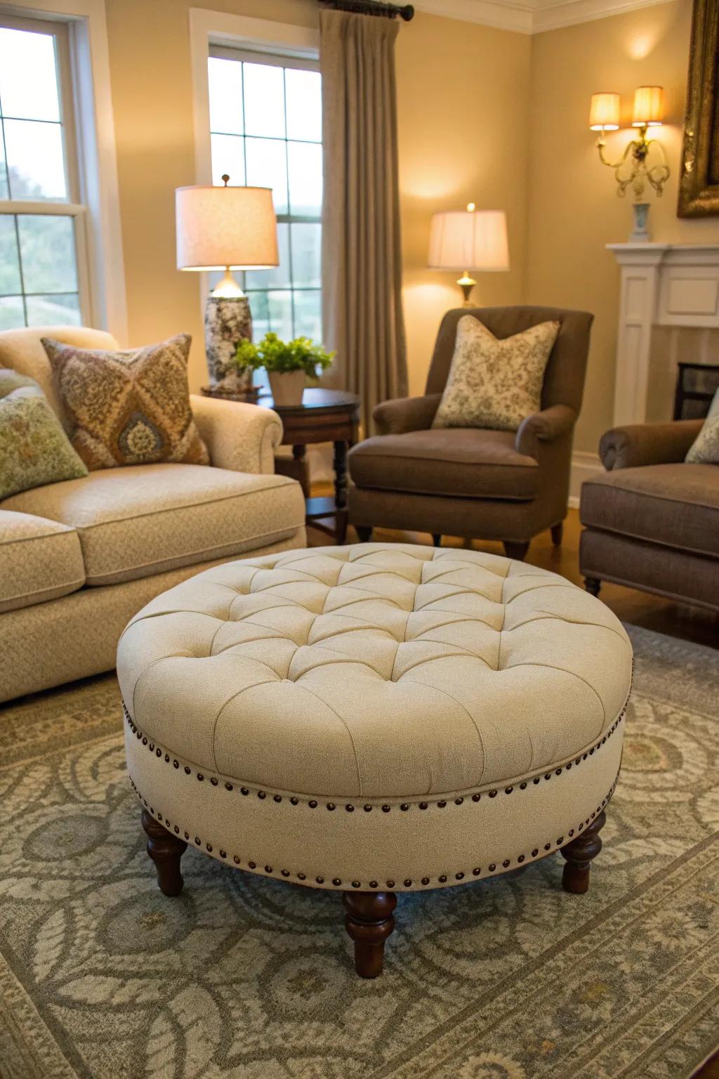 This footrest offers flexible seating solutions within the living room setting.