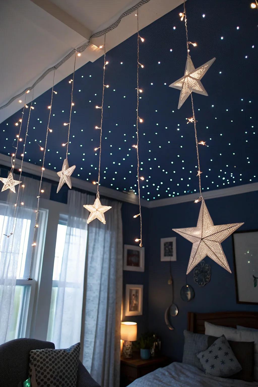 An overhead converted into a stellar nocturnal heaven with shimmering lights and suspended stellar ornaments.