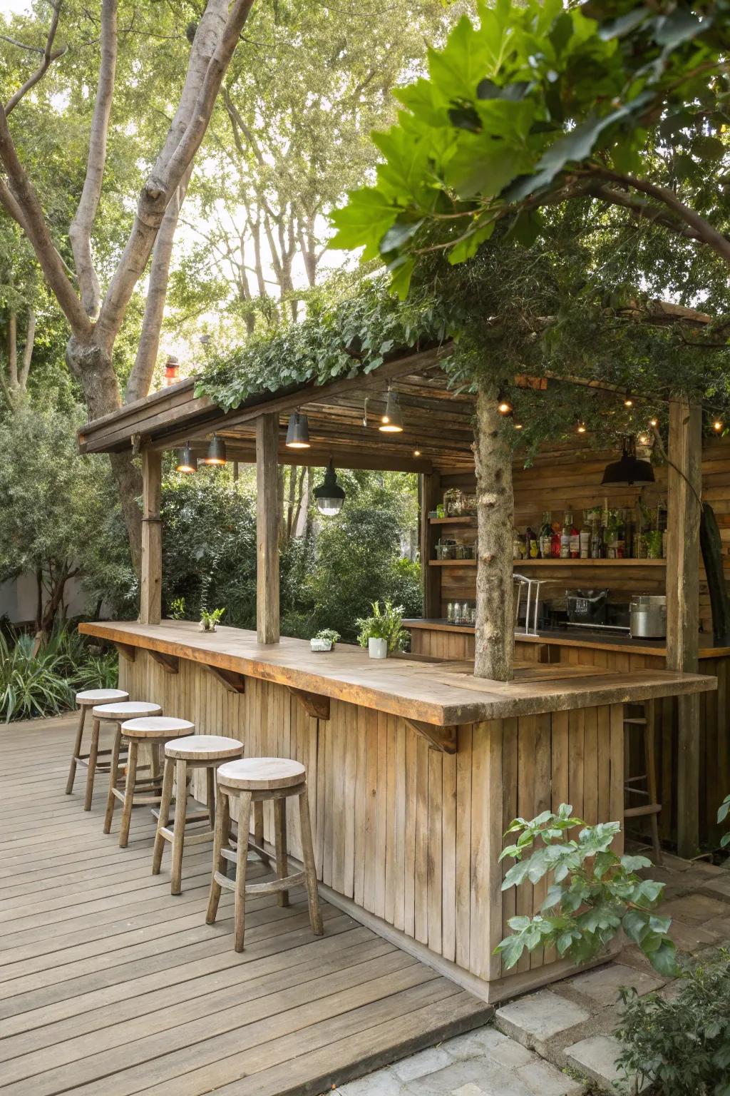 A rustic wooden bar integrates perfectly into the garden.