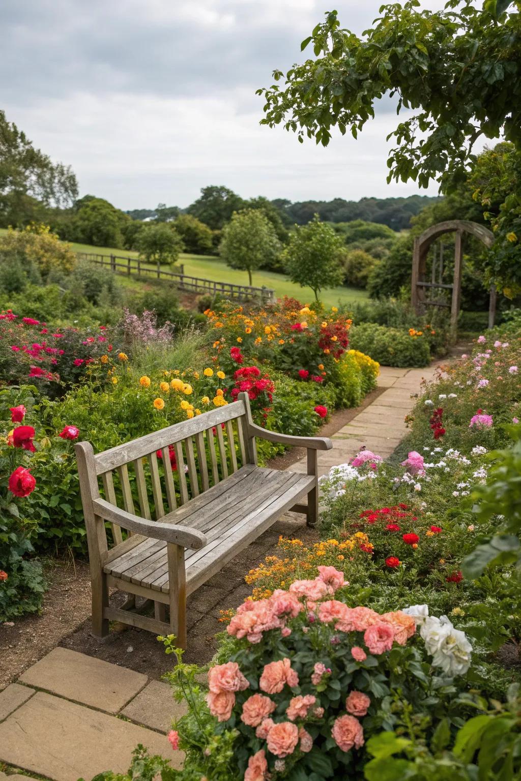 A garden bench beautifully integrated among vibrant, blossoming flowers.