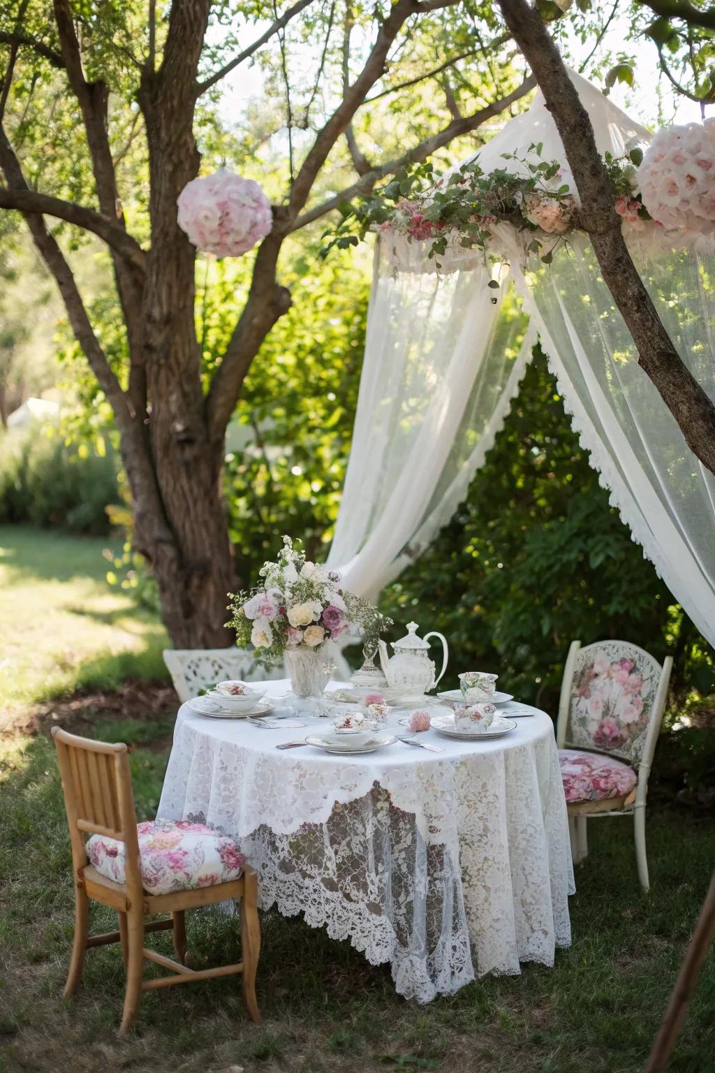 A vintage tea gathering amidst a garden provides both grace and charisma.
