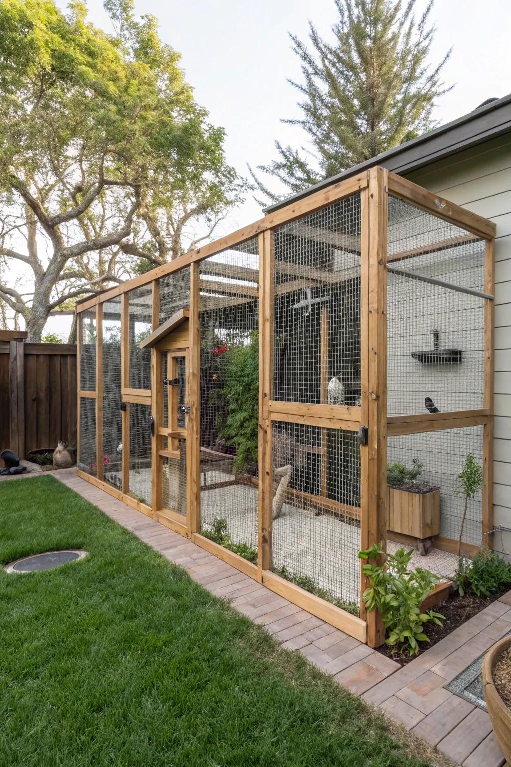 A protected and fashionable catio for outdoor enjoyment.