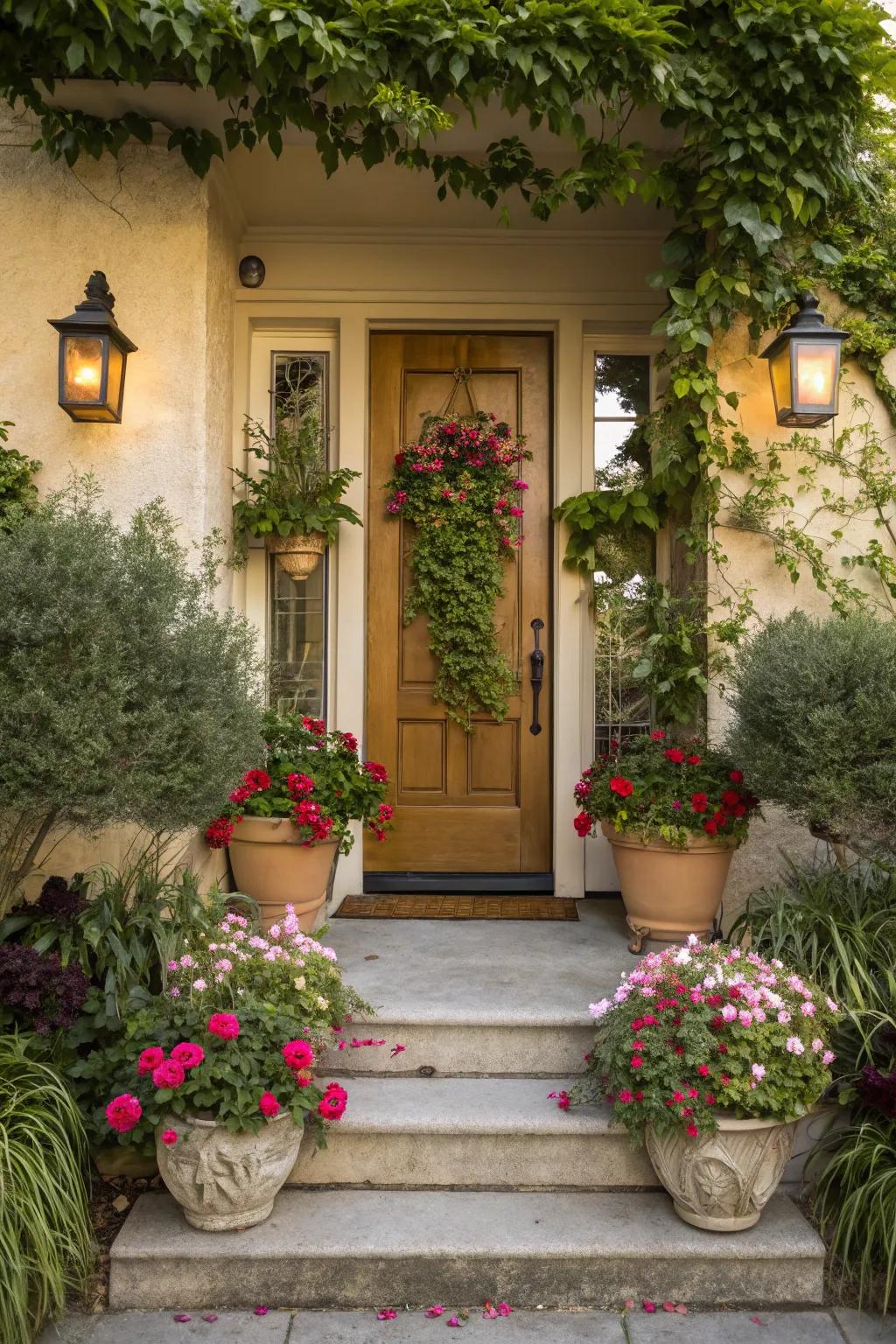 Potted plants contribute color and vitality to any entryway, fostering a welcoming ambiance.