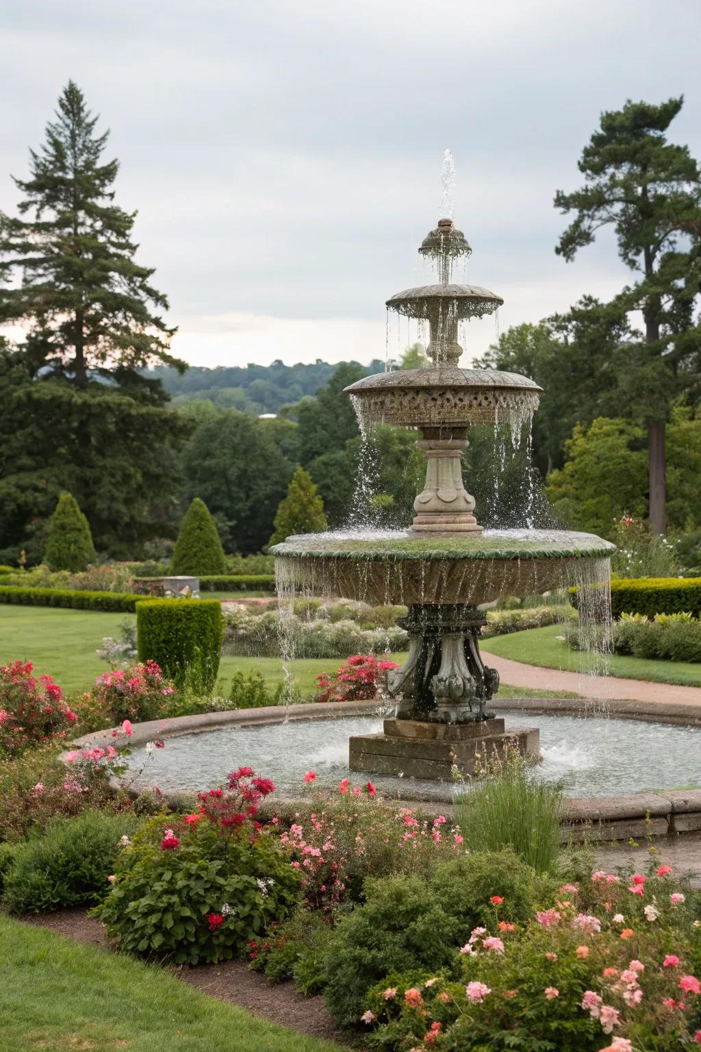 A tiered garden fountain infuses a sense of grandeur into outdoor settings.