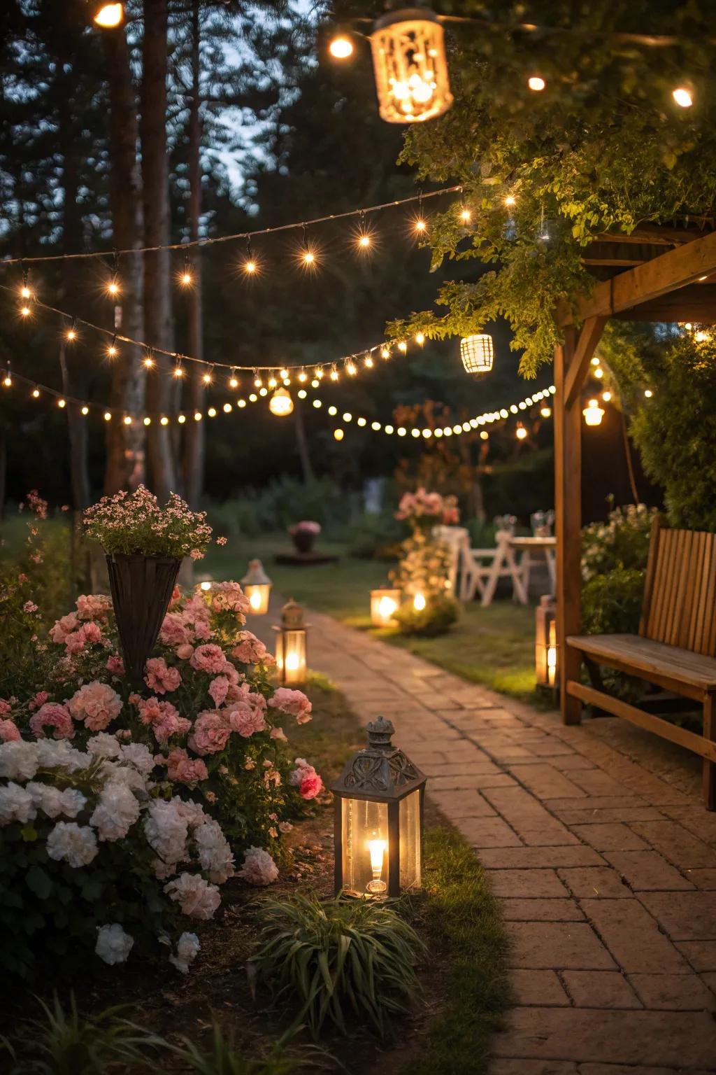 Twinkling strands and lamps fashion a mesmerizing evening setting.