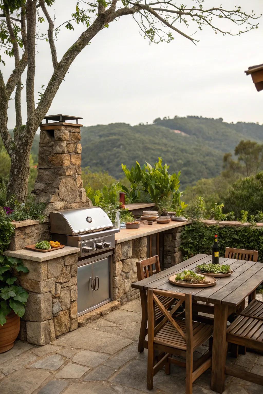An elegantly weathered stone cooking center that harmonizes seamlessly with the outdoor setting.