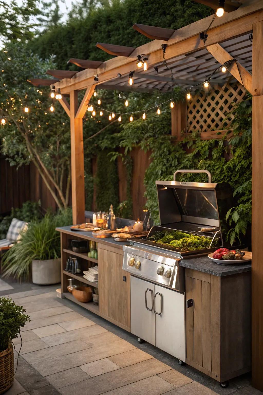 A trellis-covered grill station offers shade and style.