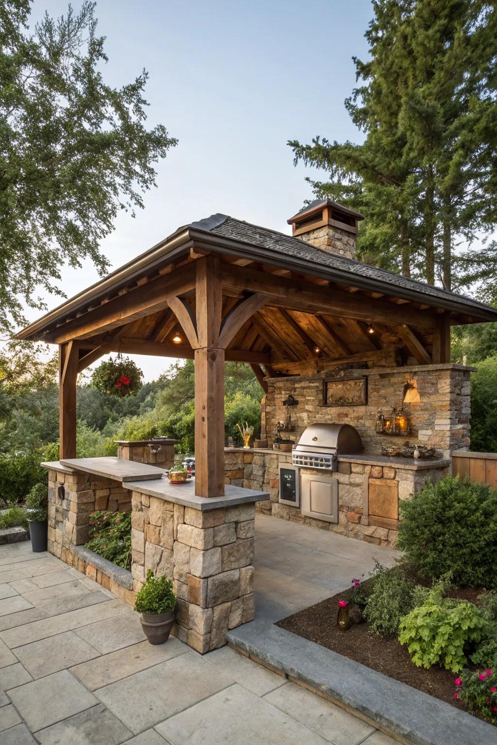 Appreciate rustic appeal with an outdoor kitchen gazebo using wood and stone.