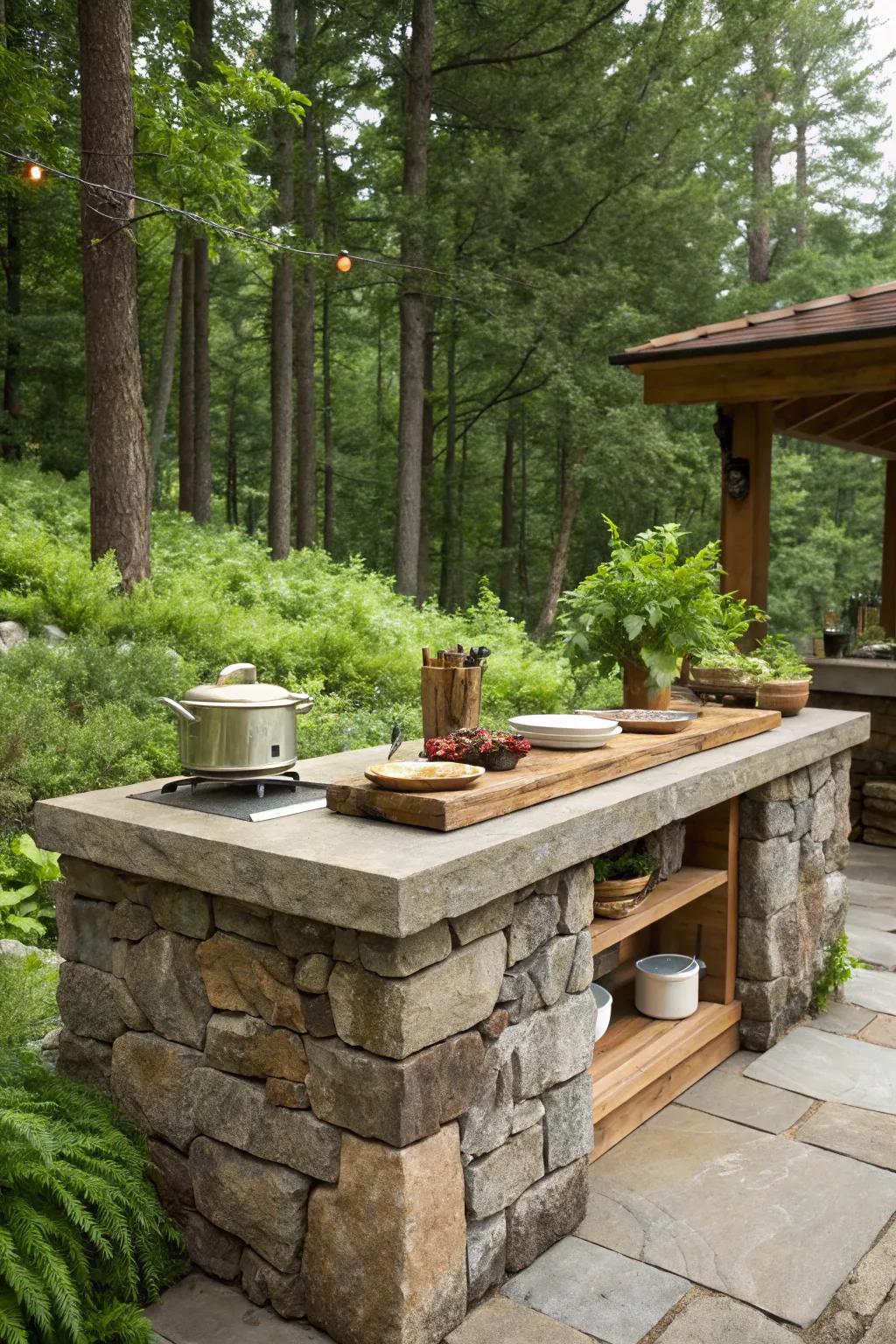 A captivating outdoor kitchen island made from stone and wood, set amidst vibrant greenery.