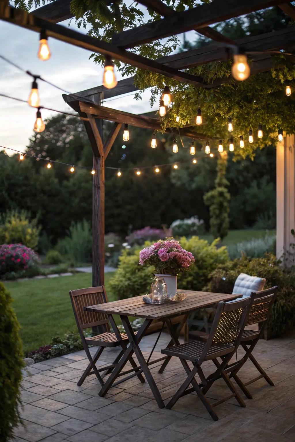 Change your patio into a warm, illuminated haven with the gentle glimmer of fairy lights.