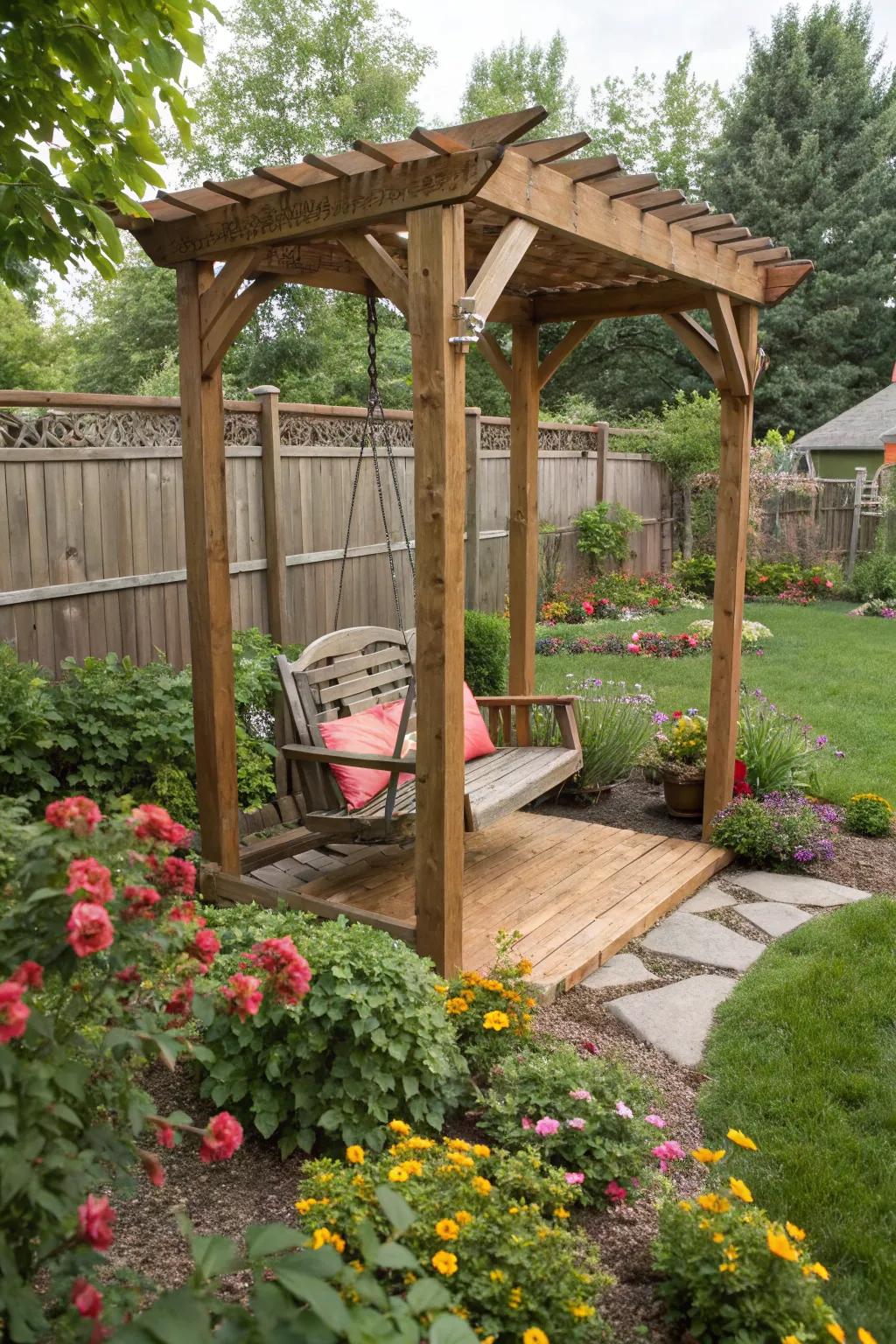 A welcoming arbor with a swing beckons you to relax under the starlit sky.