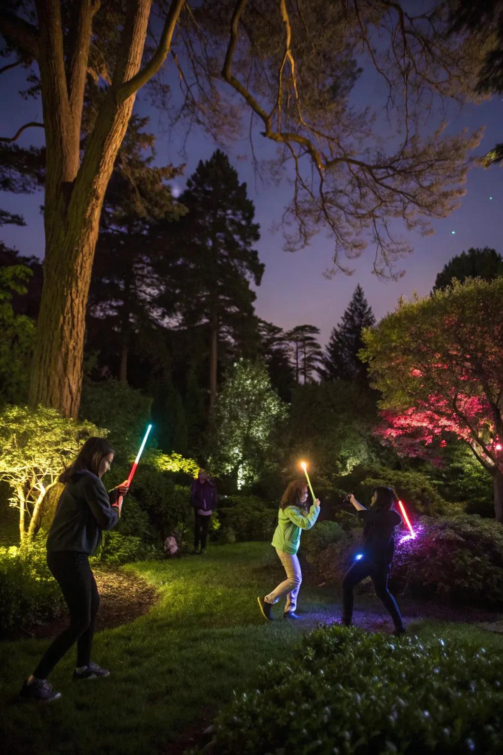 A lively nighttime round of glow stick chase unfolding in a backyard.
