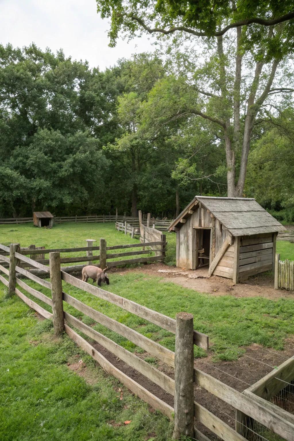A straightforward yet impressive pig pen employing classic wood fencing and covering.