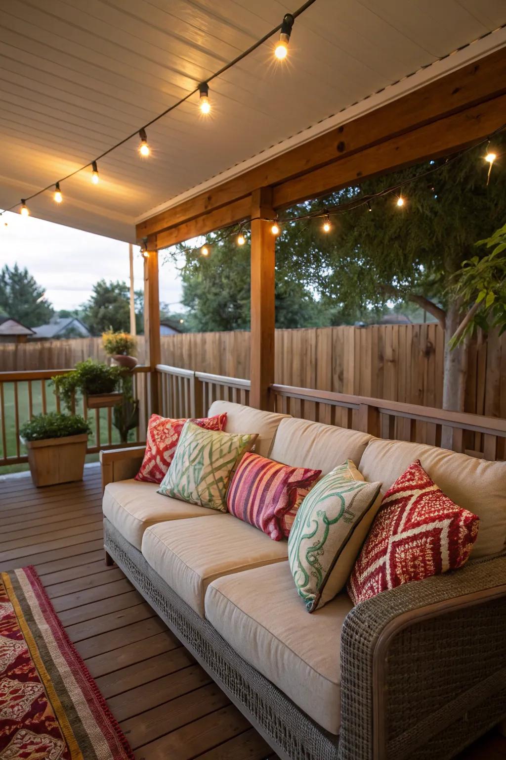 A plush sofa with vibrant cushions creates an inviting porch atmosphere.