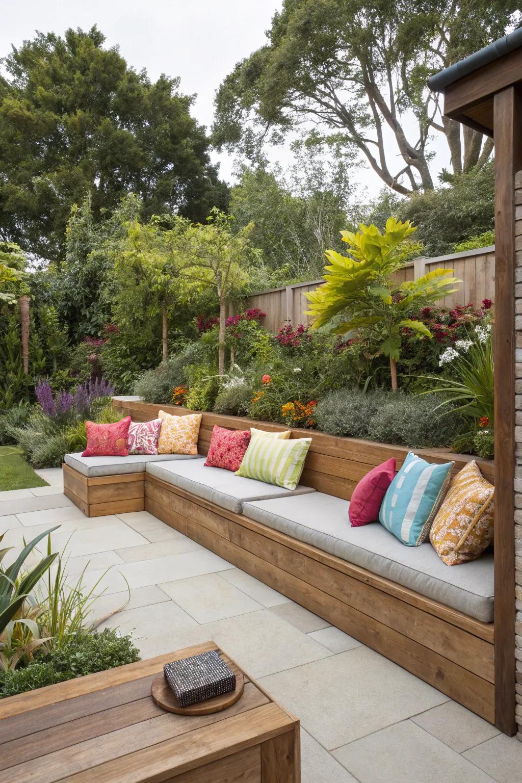 Integrated benches harmonize effortlessly with their surroundings, providing a comfortable seating solution.