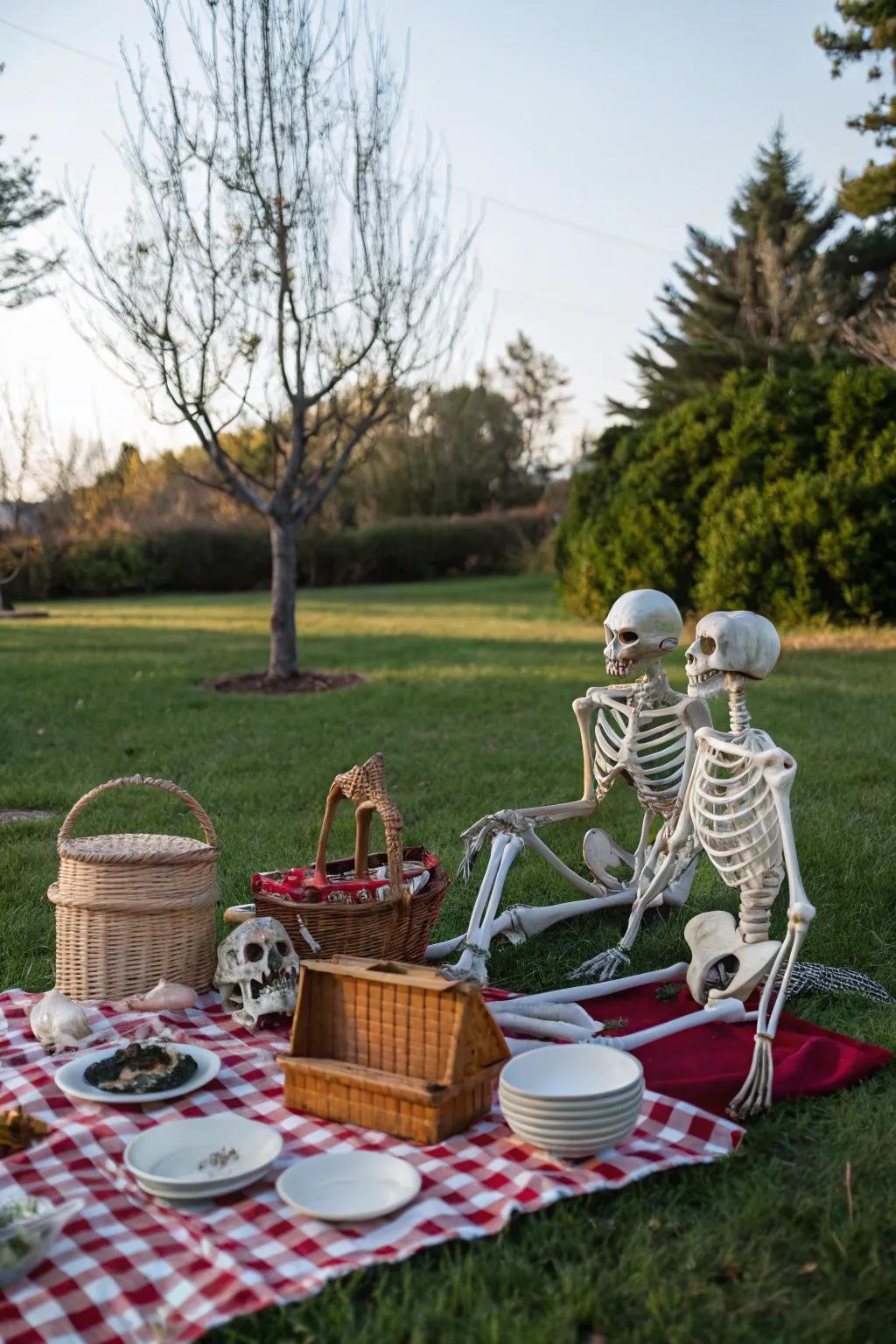 <strong><em>Skeletons</em></strong> having a delightful picnic in the yard.&rdquo; loading=&rdquo;lazy&rdquo; class=&rdquo;pimg&rdquo;>
	</picture><figcaption><strong><em>Skeletons</em></strong> having a delightful picnic in the yard.</figcaption></figure>
<p>Picture this: a lovely picnic scene featuring <strong><em>skeletons</em></strong> enjoying the great outdoors. Imagine a <strong><em>checkered blanket</em></strong>, a <strong><em>rustic picnic basket</em></strong>, and some <strong><em>playful faux food</em></strong> &ndash; a delightful touch bound to amuse your guests.</p>
<h3>A few things you might like:</h3>
<ul class=