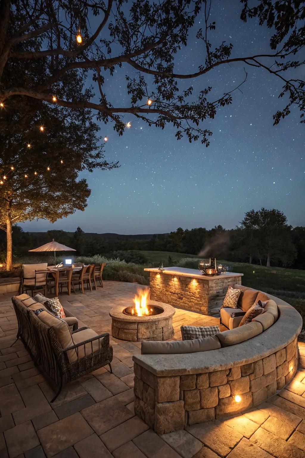 An inviting outdoor stone bar centered around a fire pit.