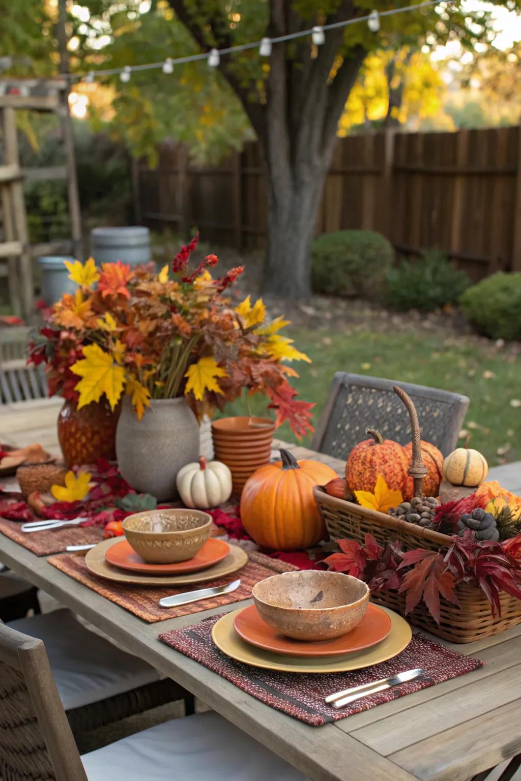 A delightful outdoor table arrangement showcasing autumnal touches.