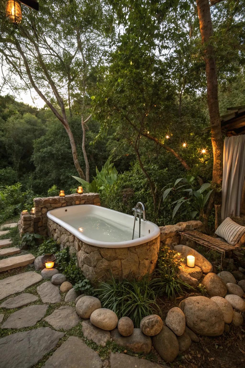 Design a peaceful getaway using stones and verdant plants encircling your outdoor bathing area.