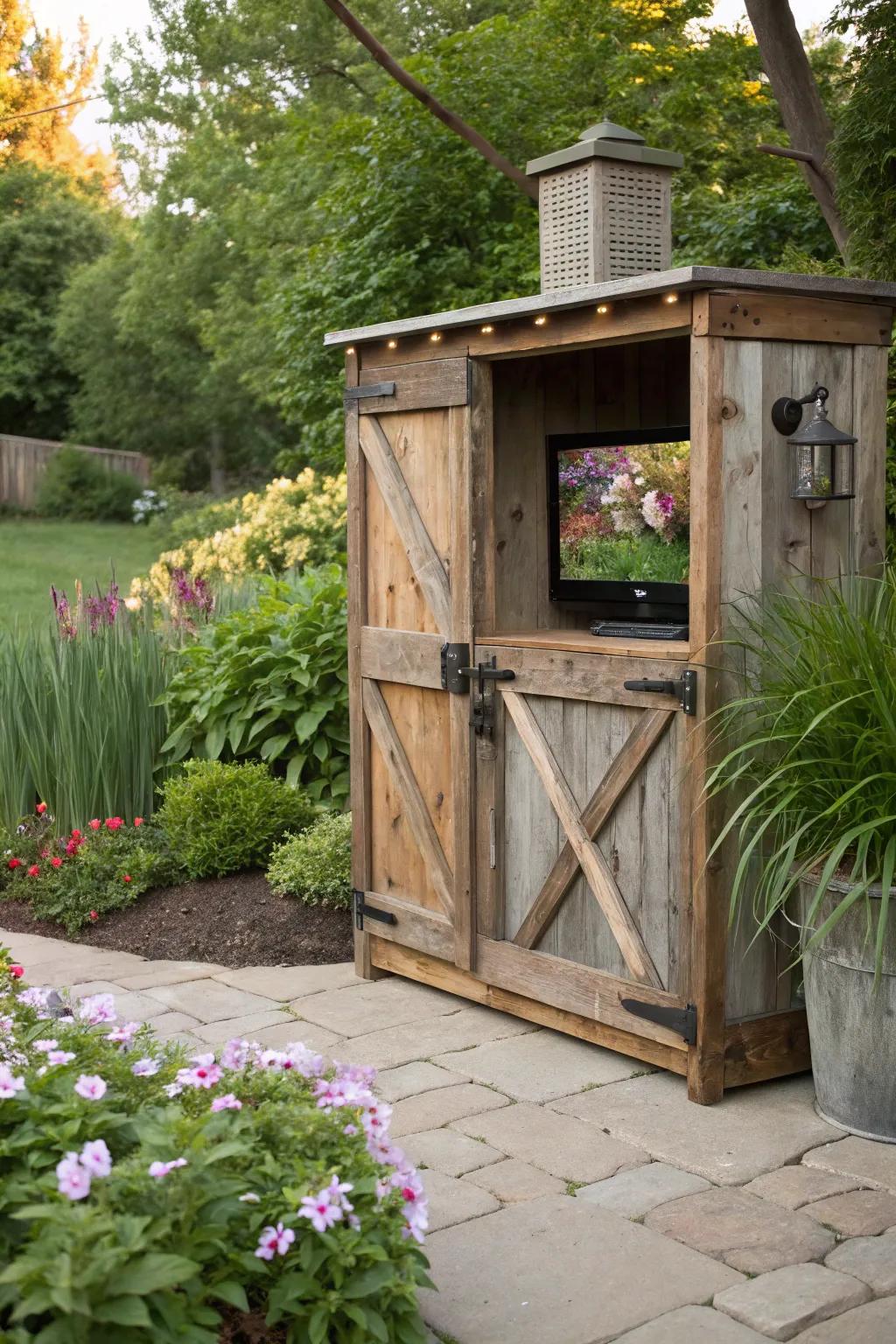 A rustic wooden TV enclosure brings character to any garden.