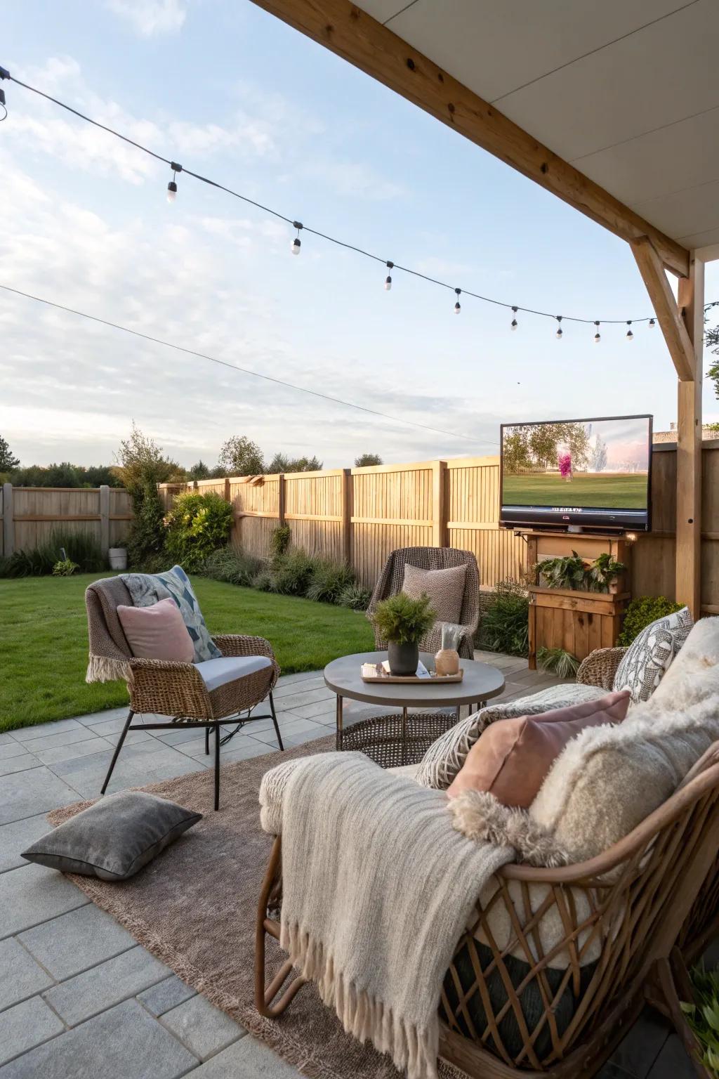 A cozy seating arrangement establishes a welcoming environment for enjoying outdoor TV.