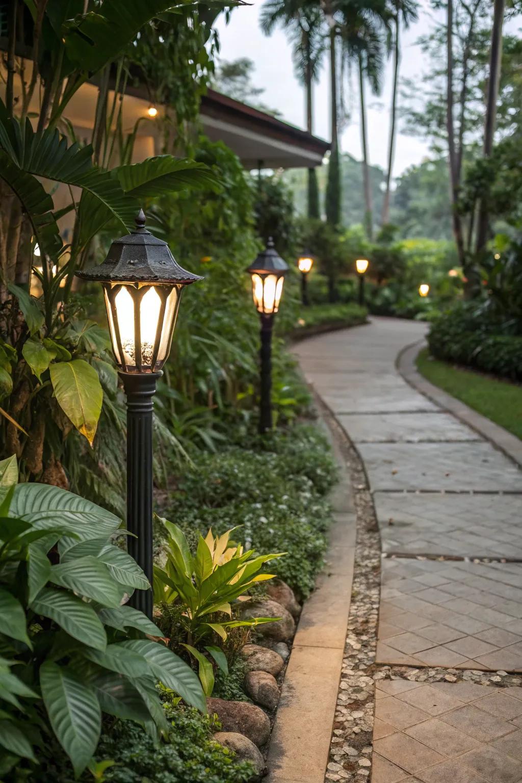 Classic path lights create an inviting walkway.