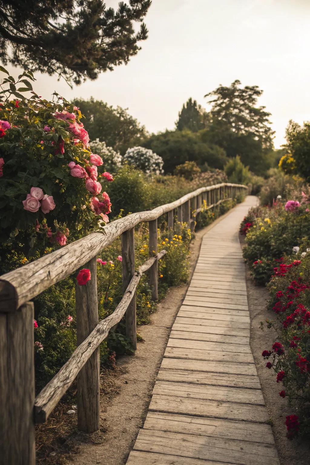 Classic timber borders give a rustic charm to any garden route.