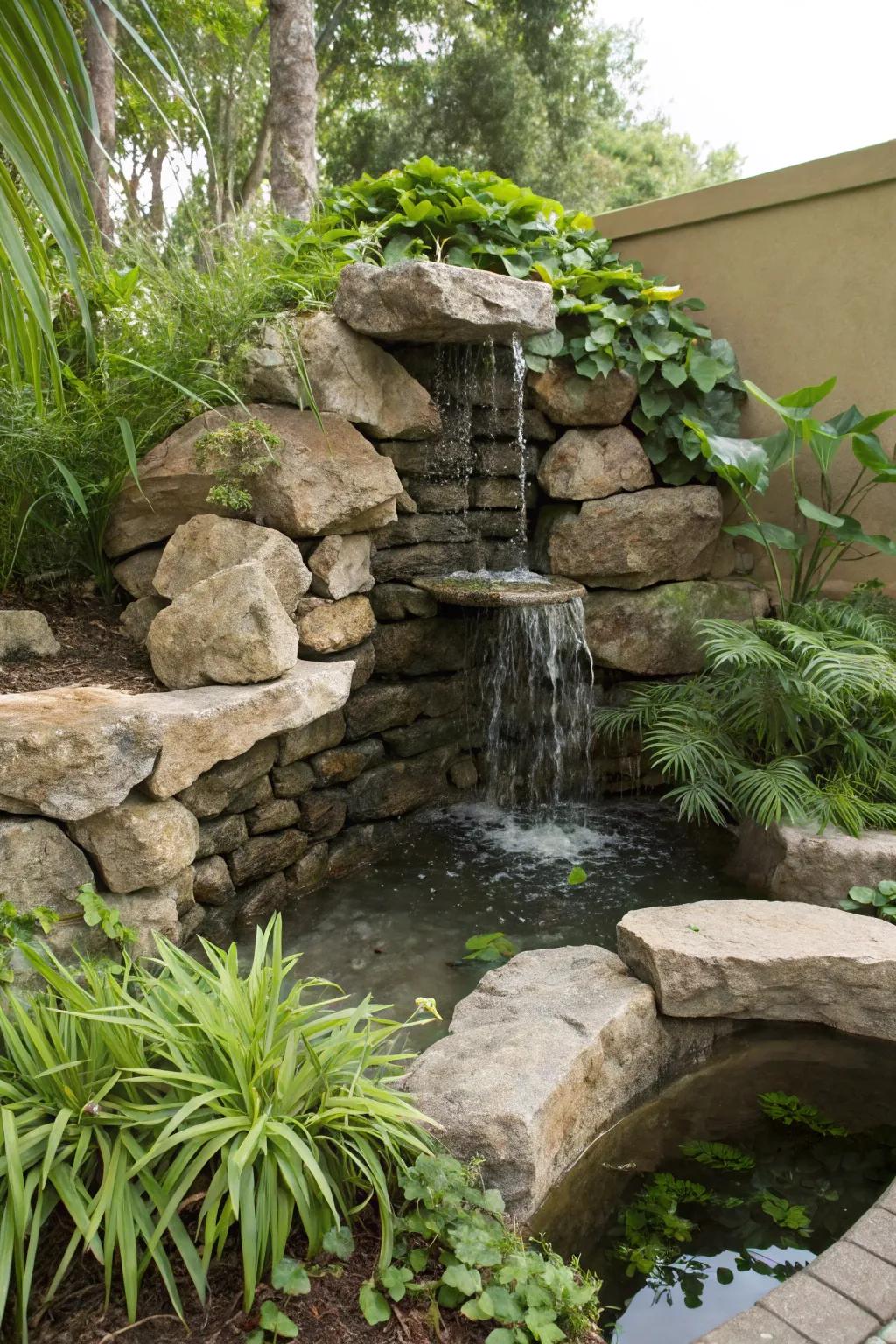 A stone-integrated wall fountain harmonizes seamlessly with nature.