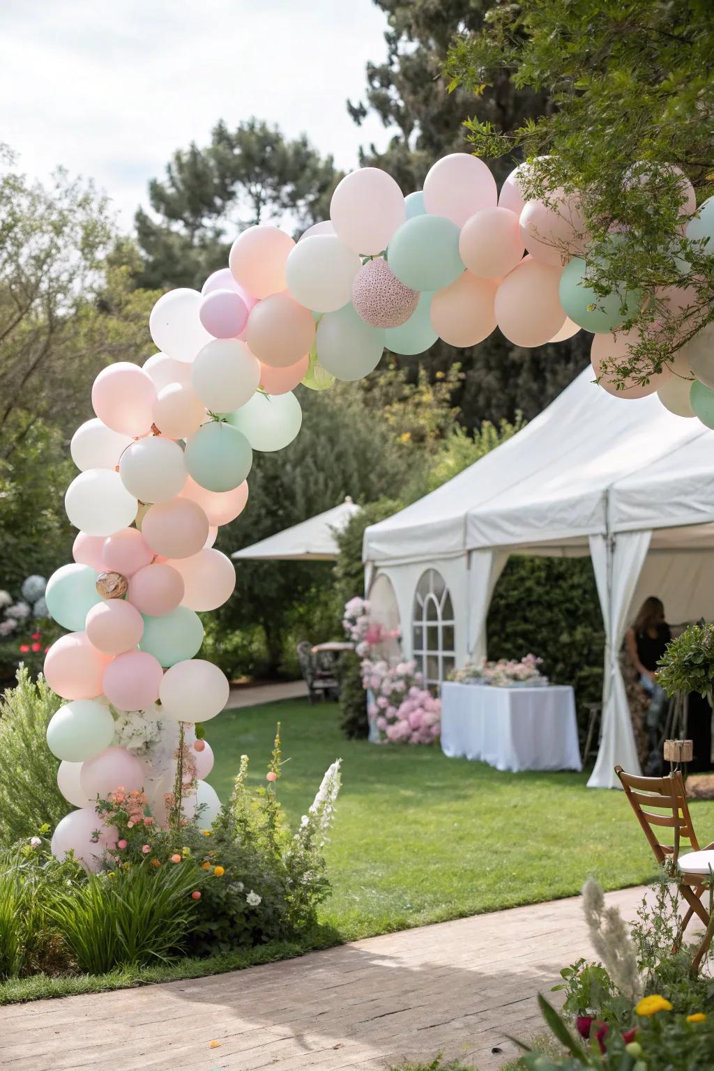Balloons in gentle colors create a cheerful and playful entrance.