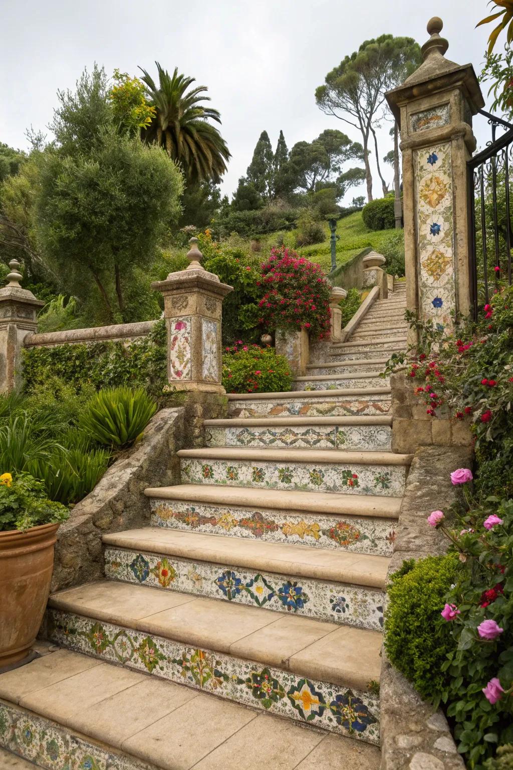 Unique stone steps showcasing an artistic mosaic.