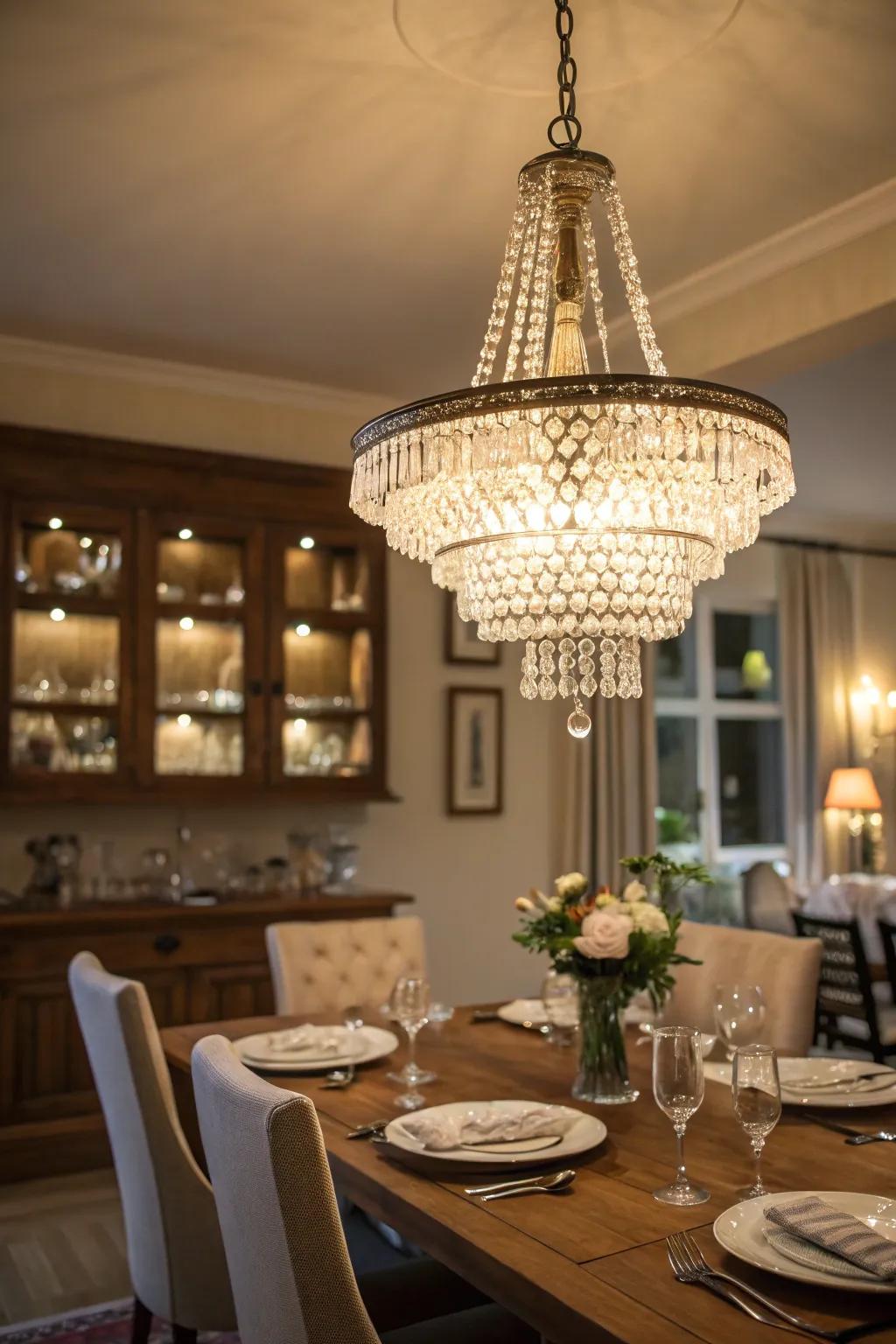 A crystalline luminaire imparts an air of sophistication to this dining area.