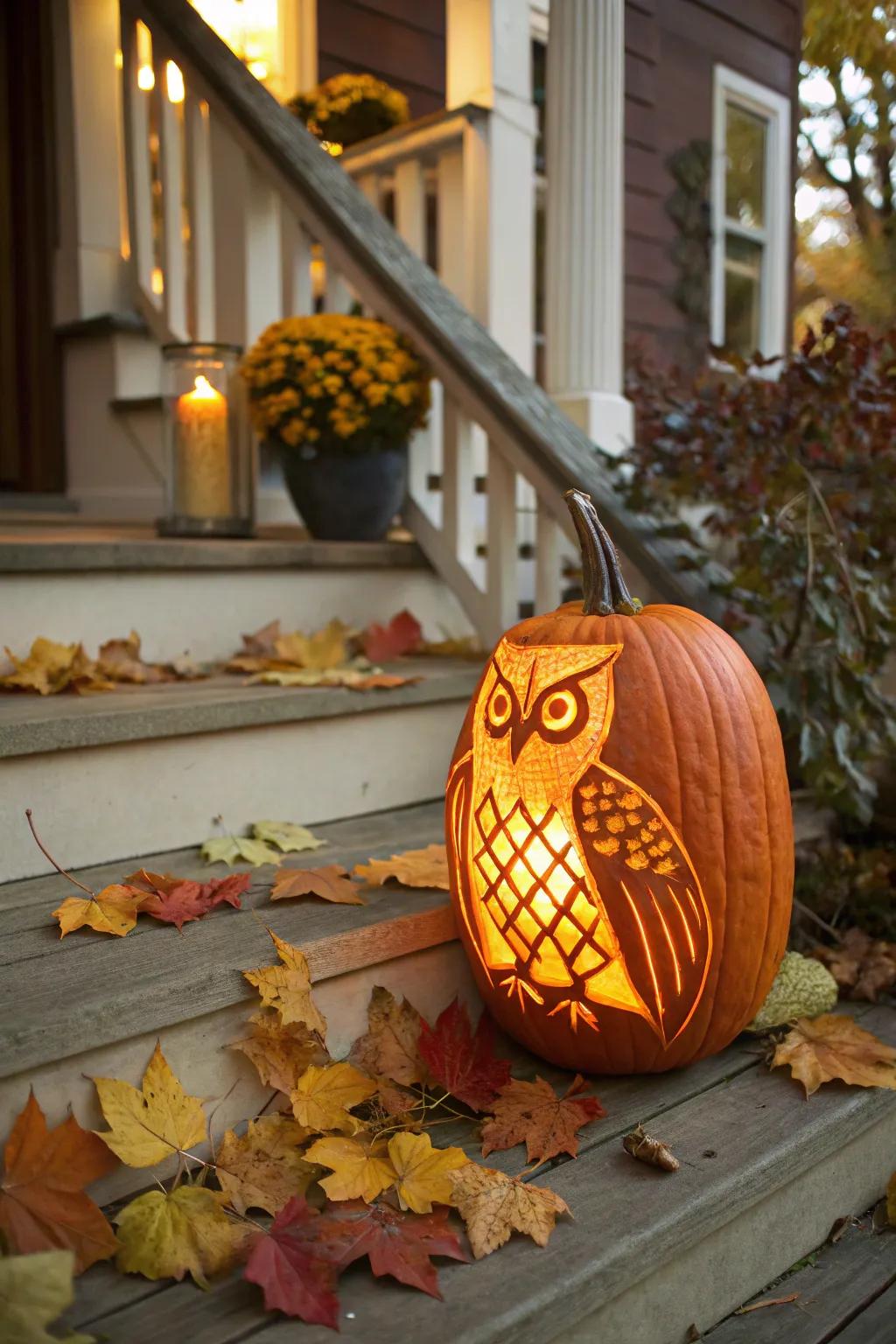 A classic feathered owl pumpkin, a delightful addition to any welcoming porch setting.