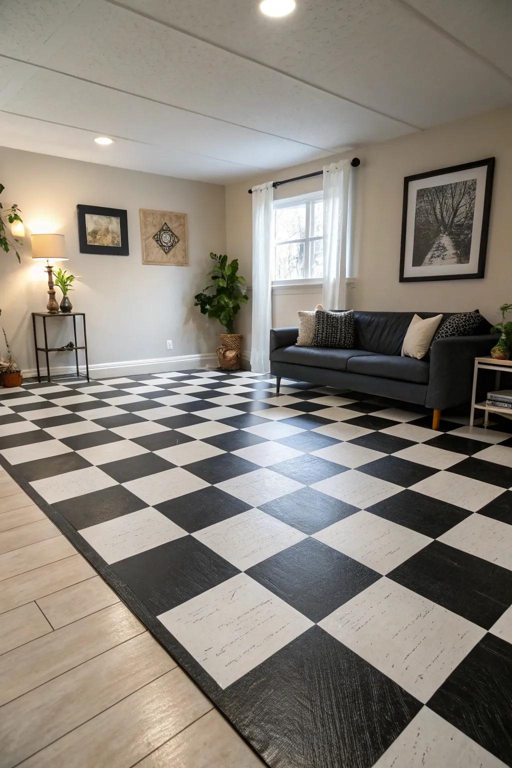 Checkerboard themes infuse timeless elegance into every area.