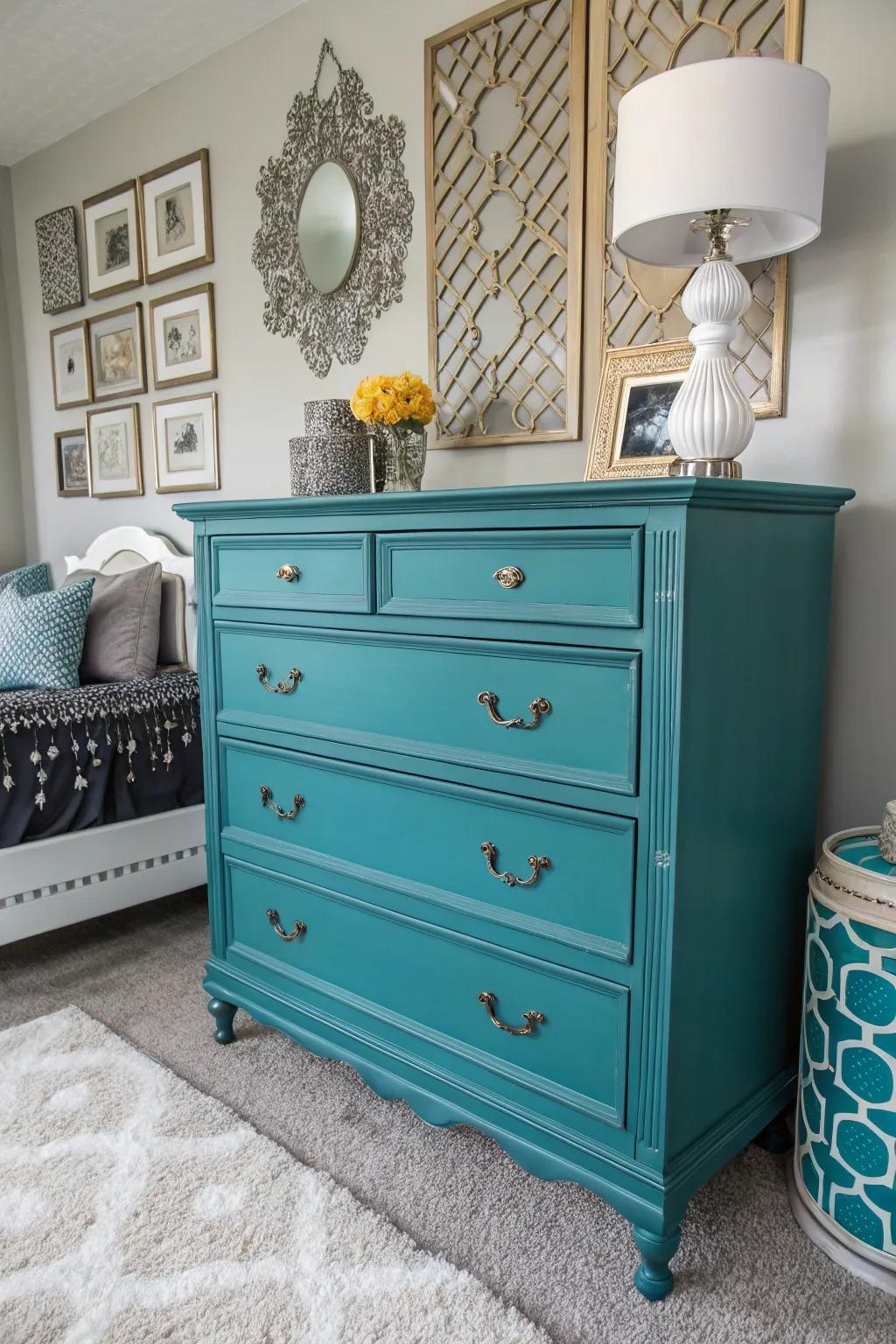 A daringly colored dresser can completely revolutionize the atmosphere of your bedroom.