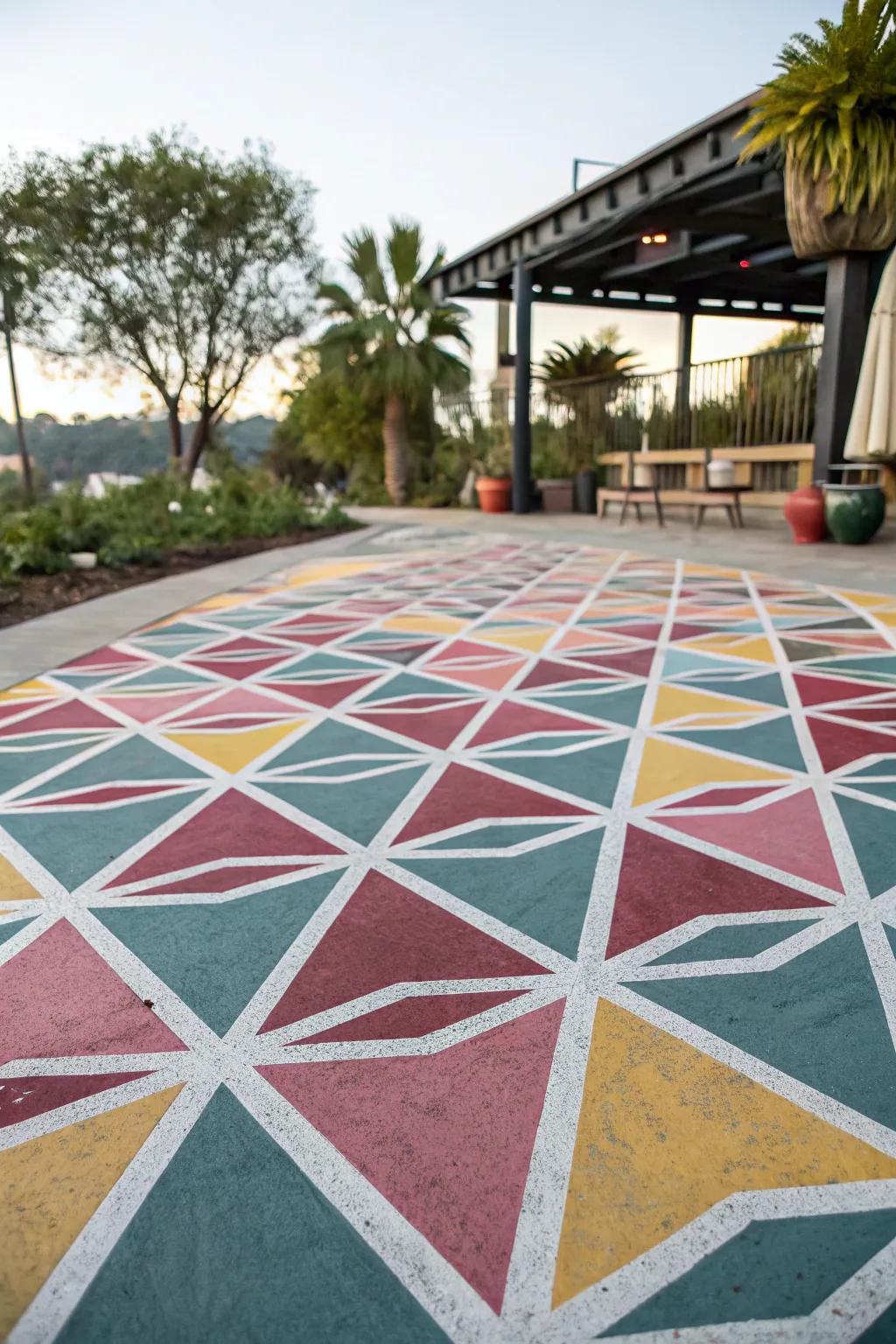 A patio displays elaborate geometric designs, offering a modern visual.