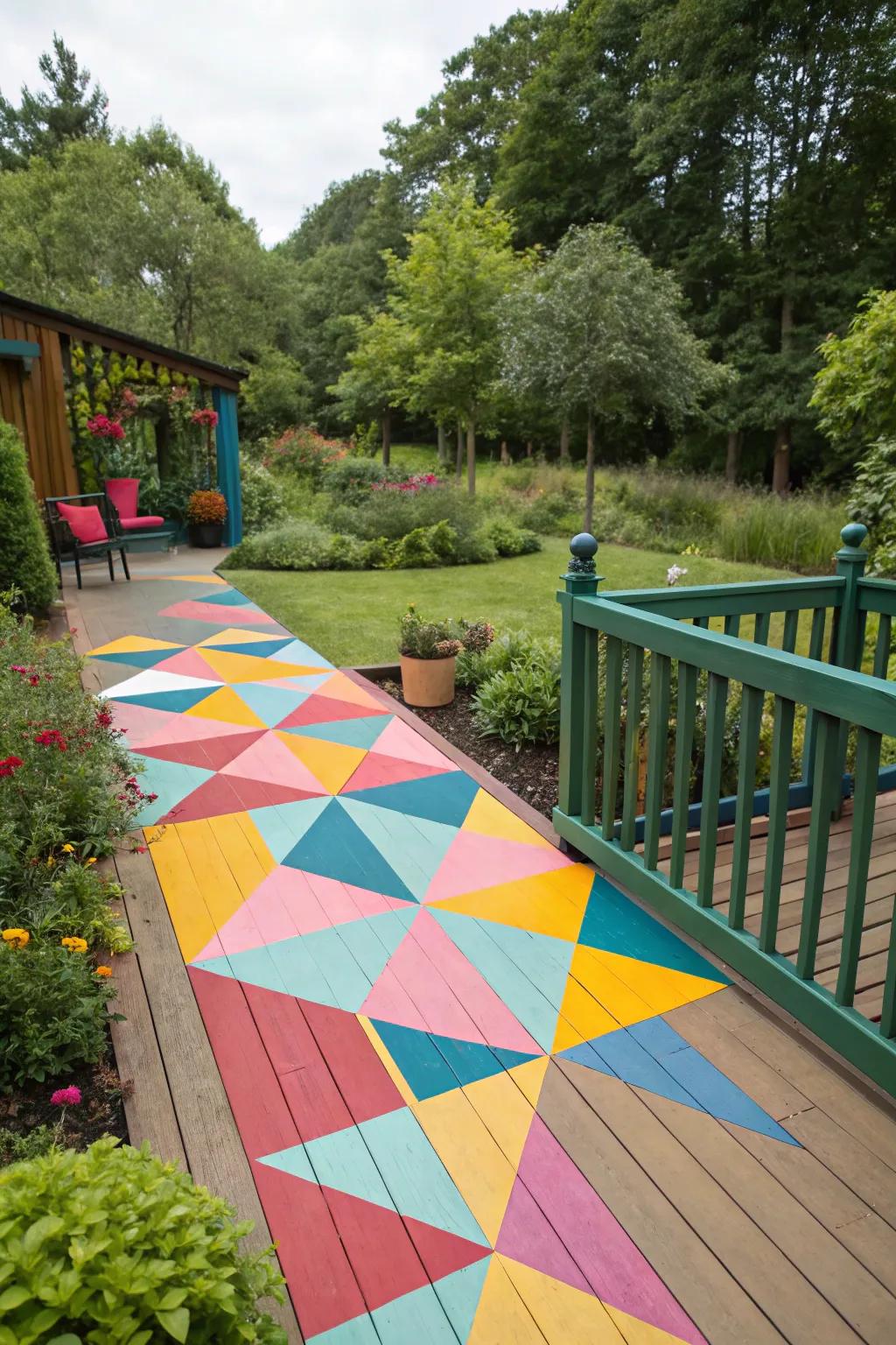 A deck elevated with vibrant geometric patterns, creating a striking focal point in the outdoor area.