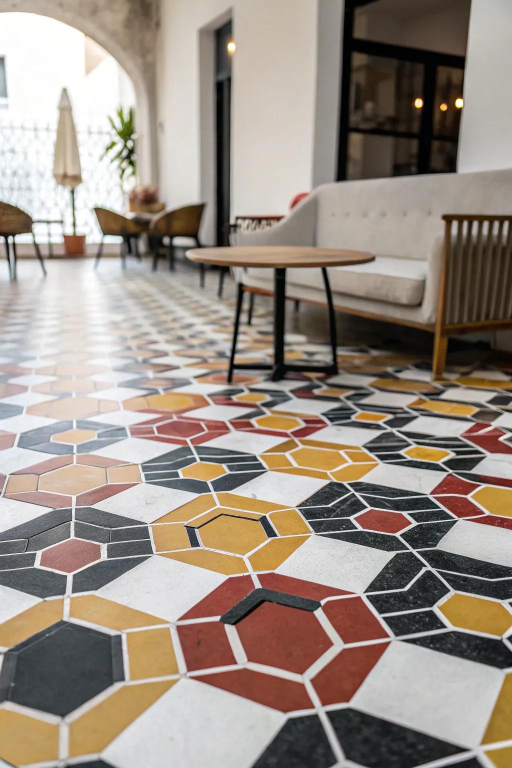 A room showcasing vibrant geometric patterned floors featuring hexagons, crafting a contemporary and lively environment.