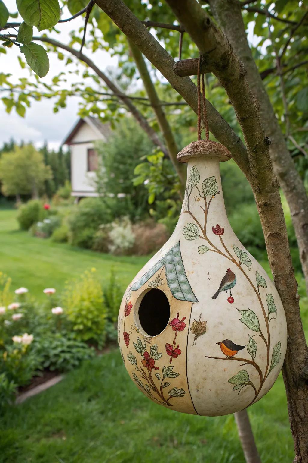 A delightful birdhouse gourd exhibiting natural themes.