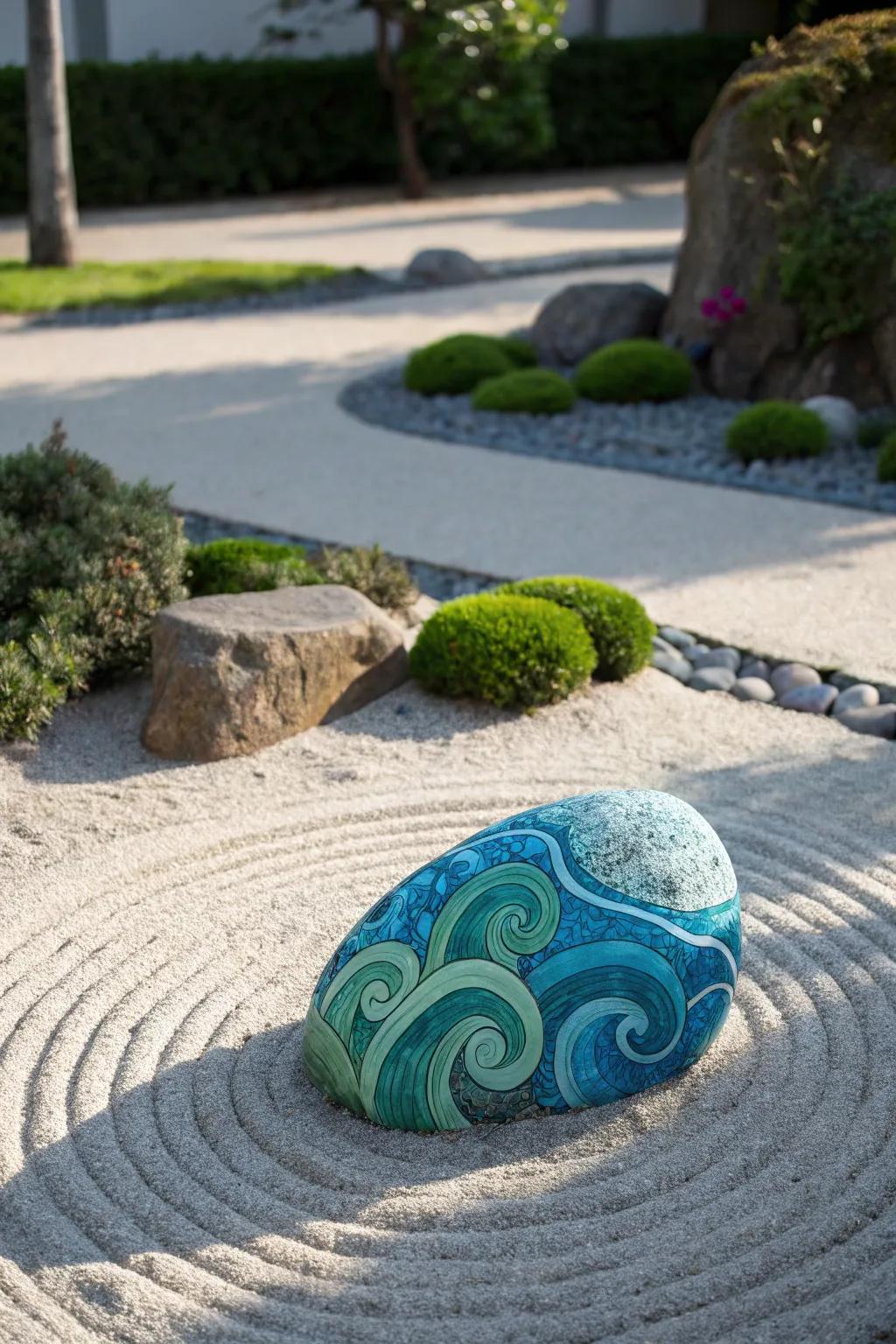 Immerse yourself in tranquility with painted path stones inspired by the ocean, where each step bursts with color.