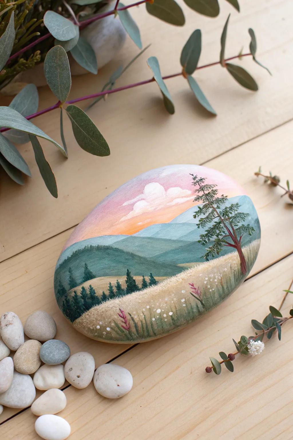 Welcome the tranquil allure of the outdoors into your dwelling with this striking painted rock vista.