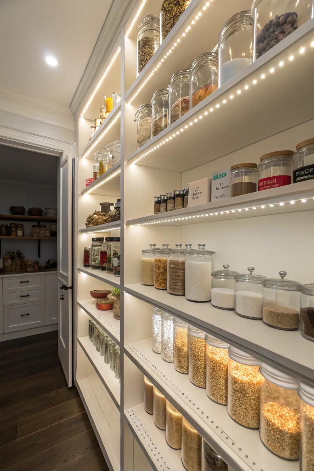 Under-shelf lighting enhances visibility and style.