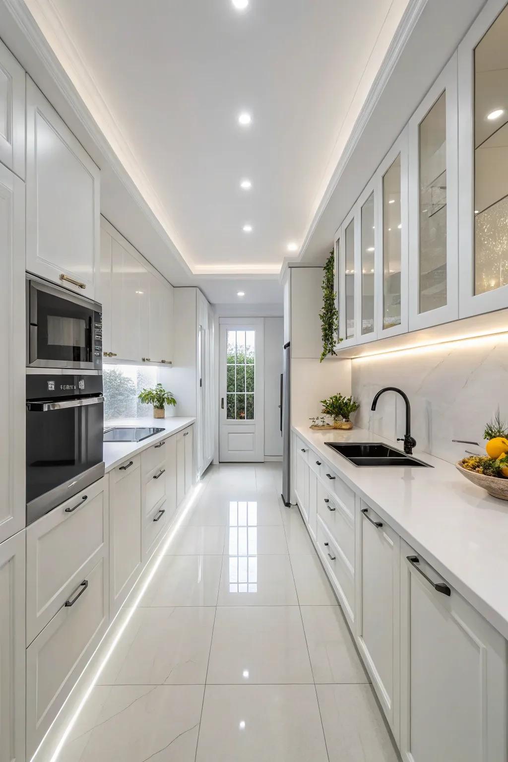 A pure white kitchen design that maximizes space and sophistication.