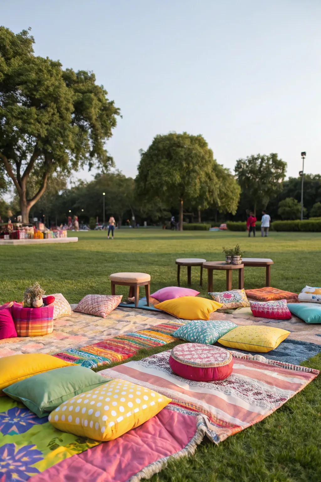 Inviting blankets and cushions craft a relaxed seating area.